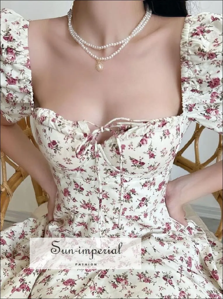 Floral Corset Style  A-line Short Puff Sleeve Mini Dress With Tie  Center Detail