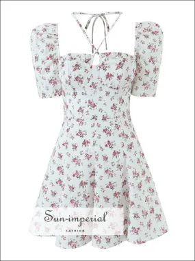Floral Corset Style  A-line Short Puff Sleeve Mini Dress With Tie  Center Detail