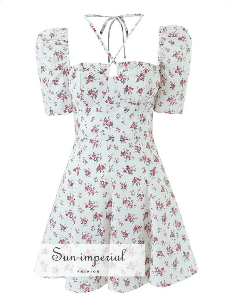 Floral Corset Style  A-line Short Puff Sleeve Mini Dress With Tie  Center Detail