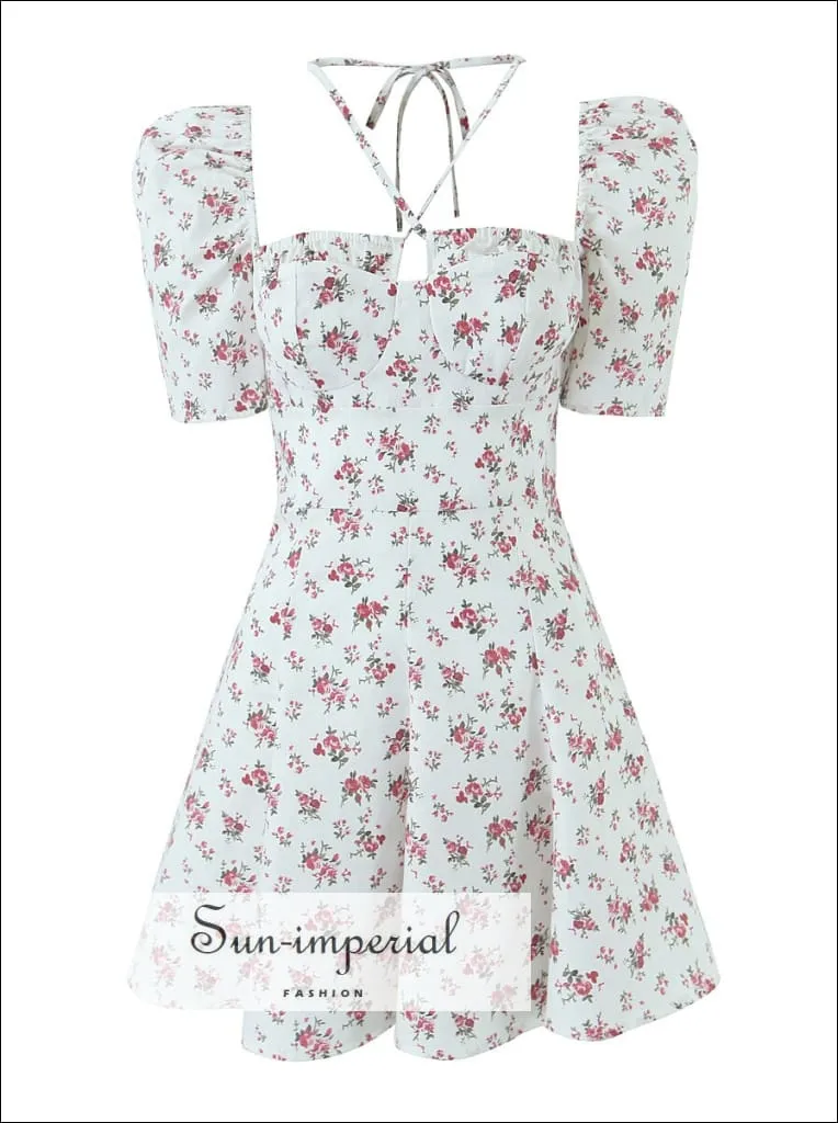 Floral Corset Style  A-line Short Puff Sleeve Mini Dress With Tie  Center Detail