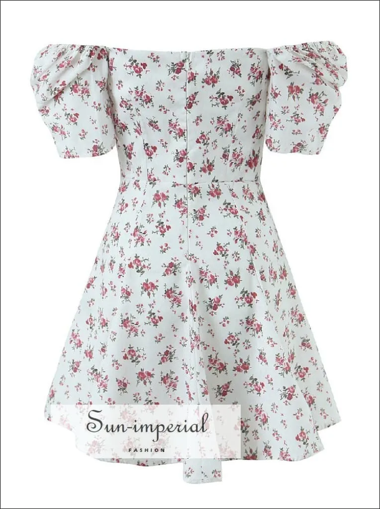 Floral Corset Style  A-line Short Puff Sleeve Mini Dress With Tie  Center Detail
