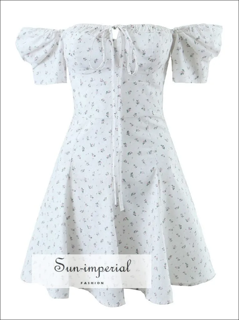 Floral Corset Style  A-line Short Puff Sleeve Mini Dress With Tie  Center Detail
