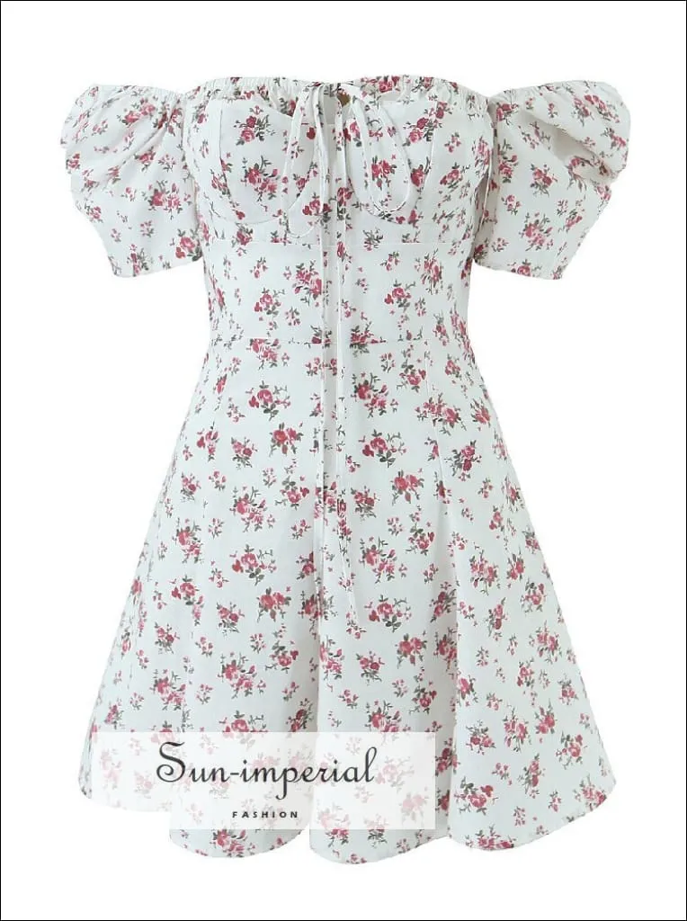 Floral Corset Style  A-line Short Puff Sleeve Mini Dress With Tie  Center Detail
