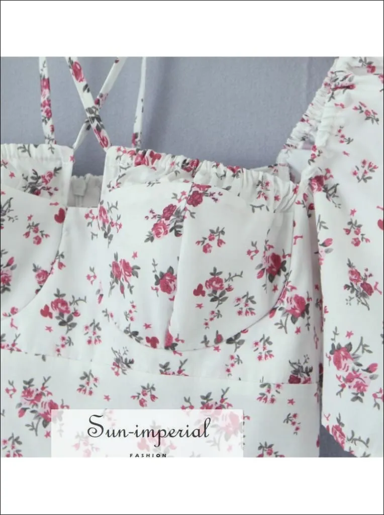 Floral Corset Style  A-line Short Puff Sleeve Mini Dress With Tie  Center Detail