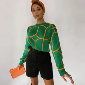 Geometric Pattern Crew Neck Drop Shoulder Long Sleeve Sweater - Green