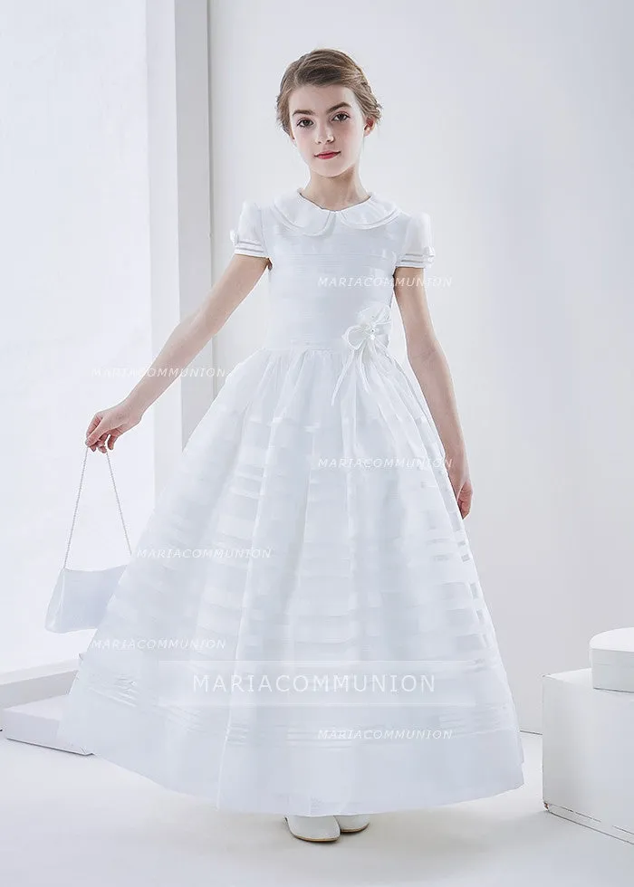 Jewel Neck Short Sleeve A-Line Organza First Communion Dress With Bows
