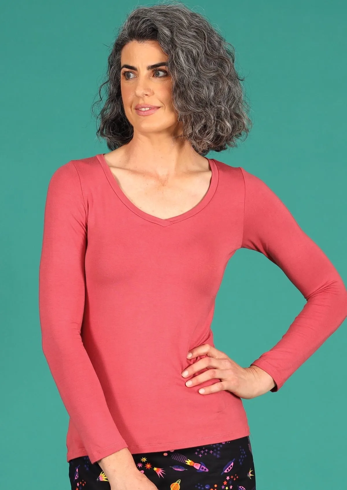 Long Sleeve Stretch V-neck Top Rose Pink
