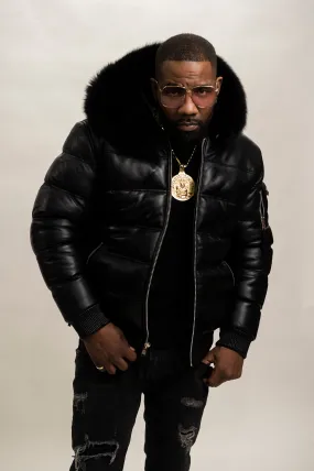 Mens Premium Black Leather Aspen Bubble Bomber Jacket with Black Fox Fur Detail