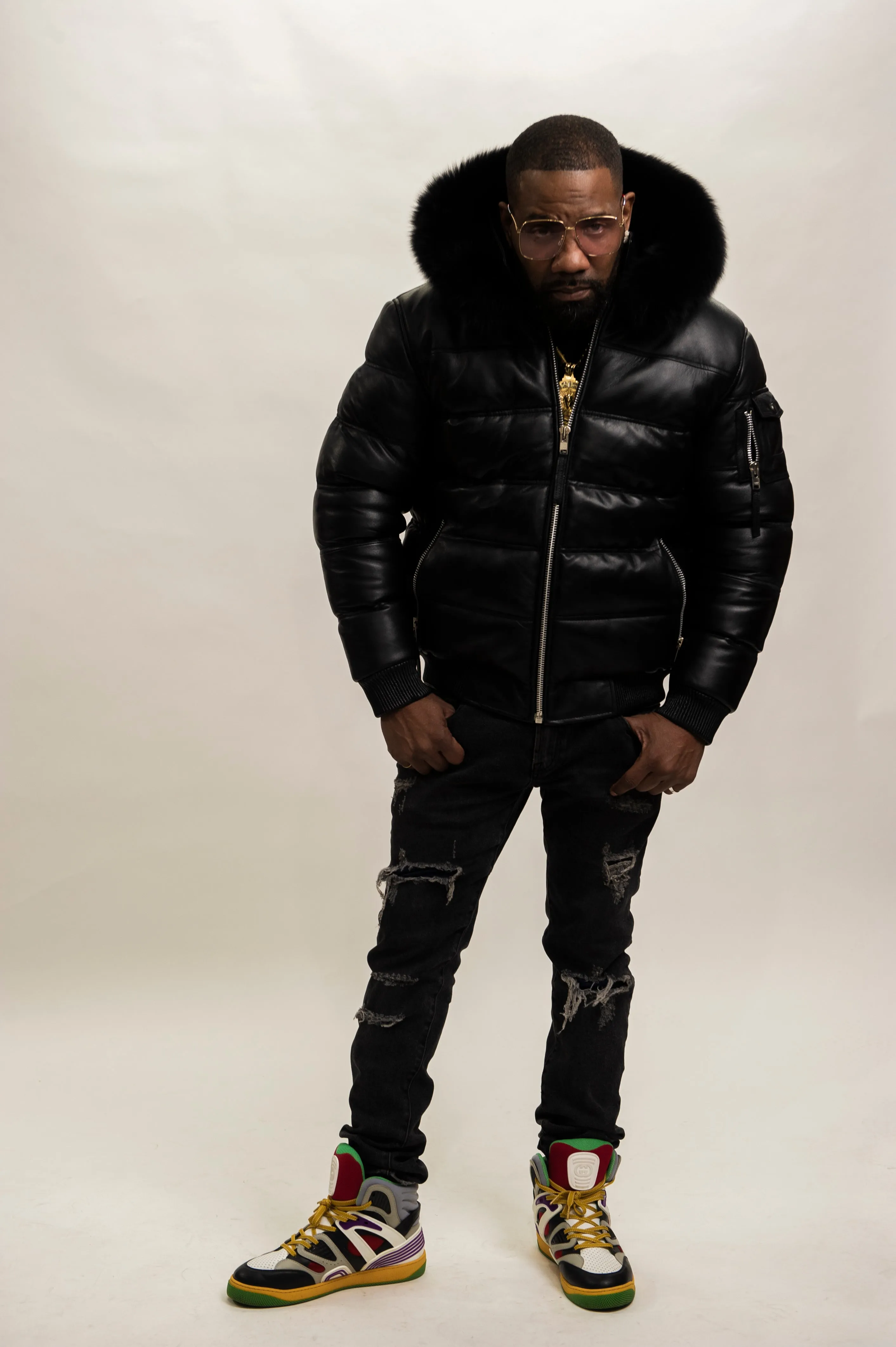 Mens Premium Black Leather Aspen Bubble Bomber Jacket with Black Fox Fur Detail