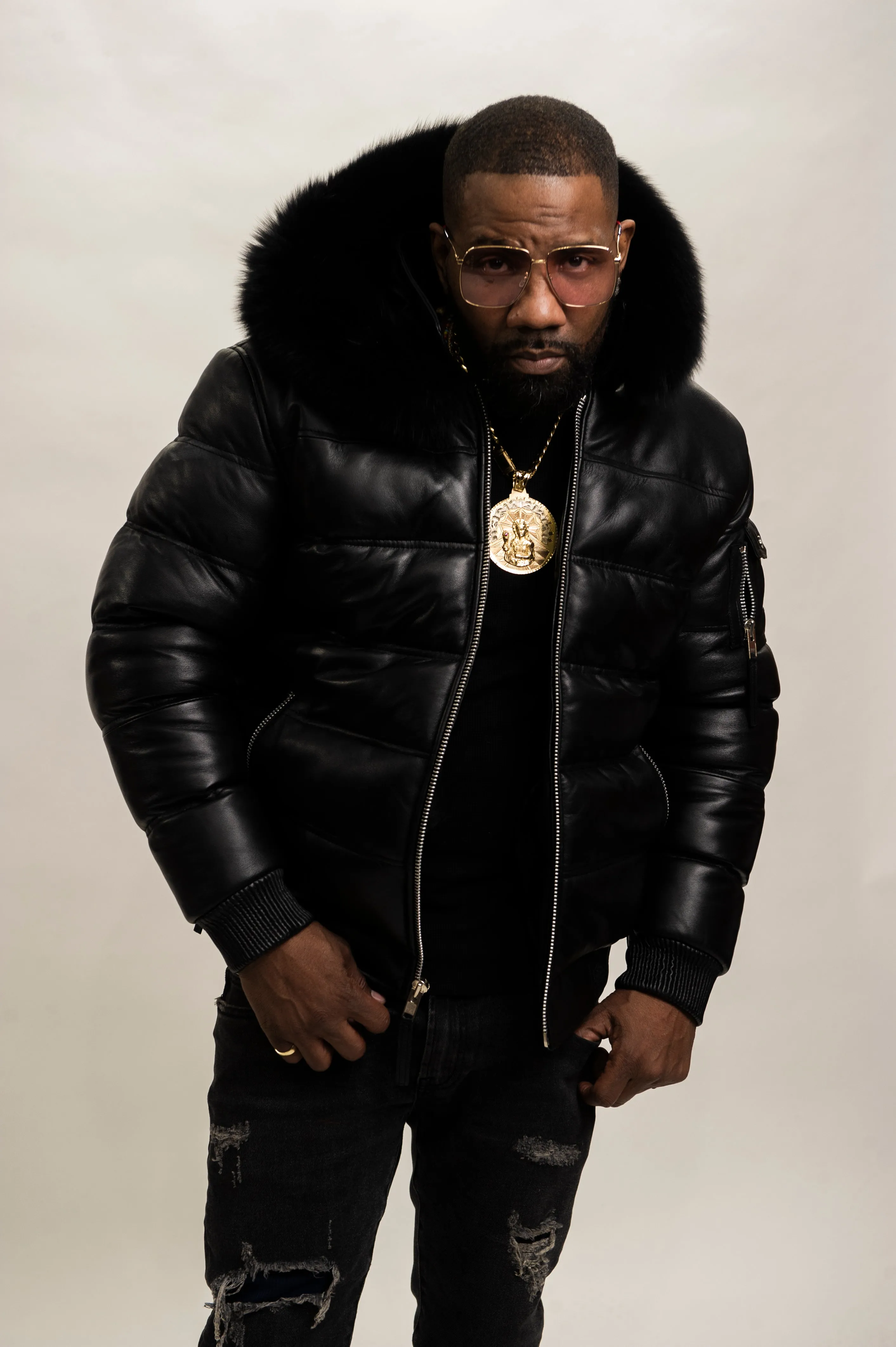 Mens Premium Black Leather Aspen Bubble Bomber Jacket with Black Fox Fur Detail