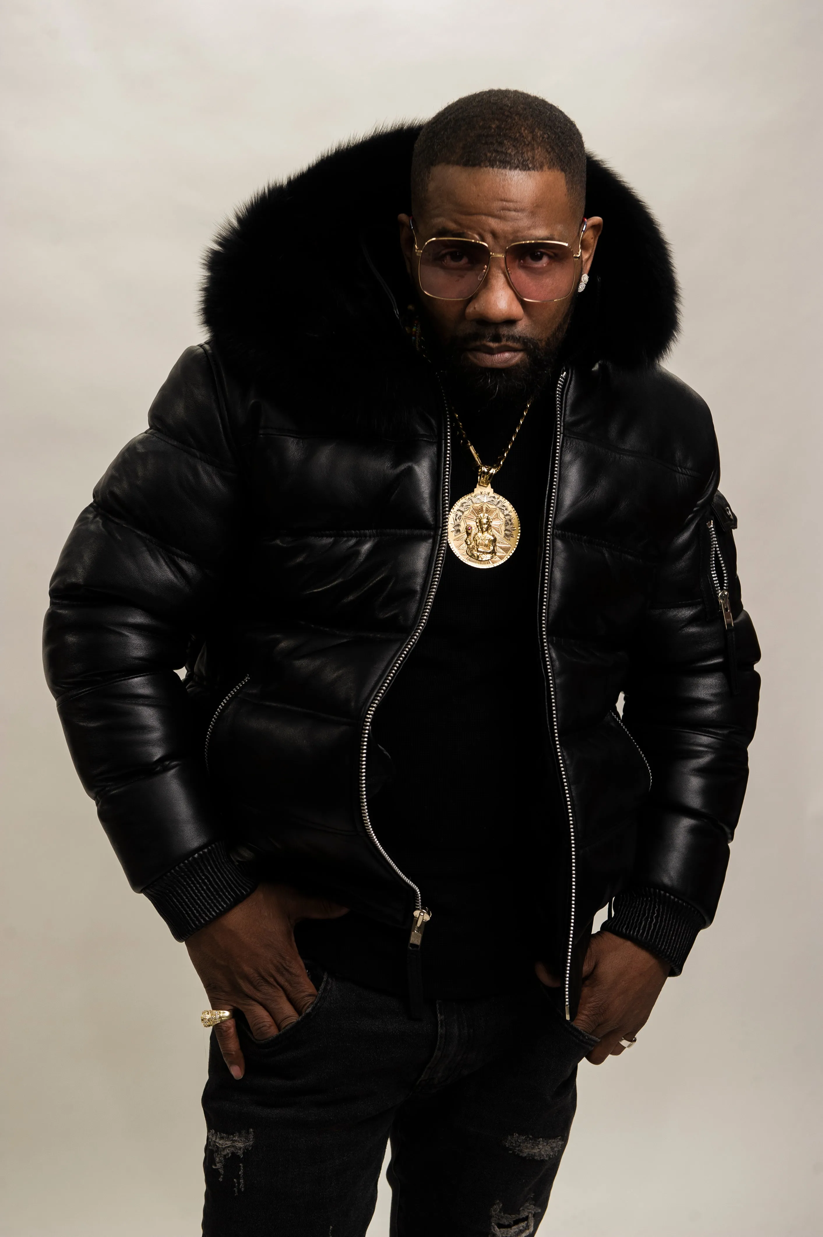 Mens Premium Black Leather Aspen Bubble Bomber Jacket with Black Fox Fur Detail