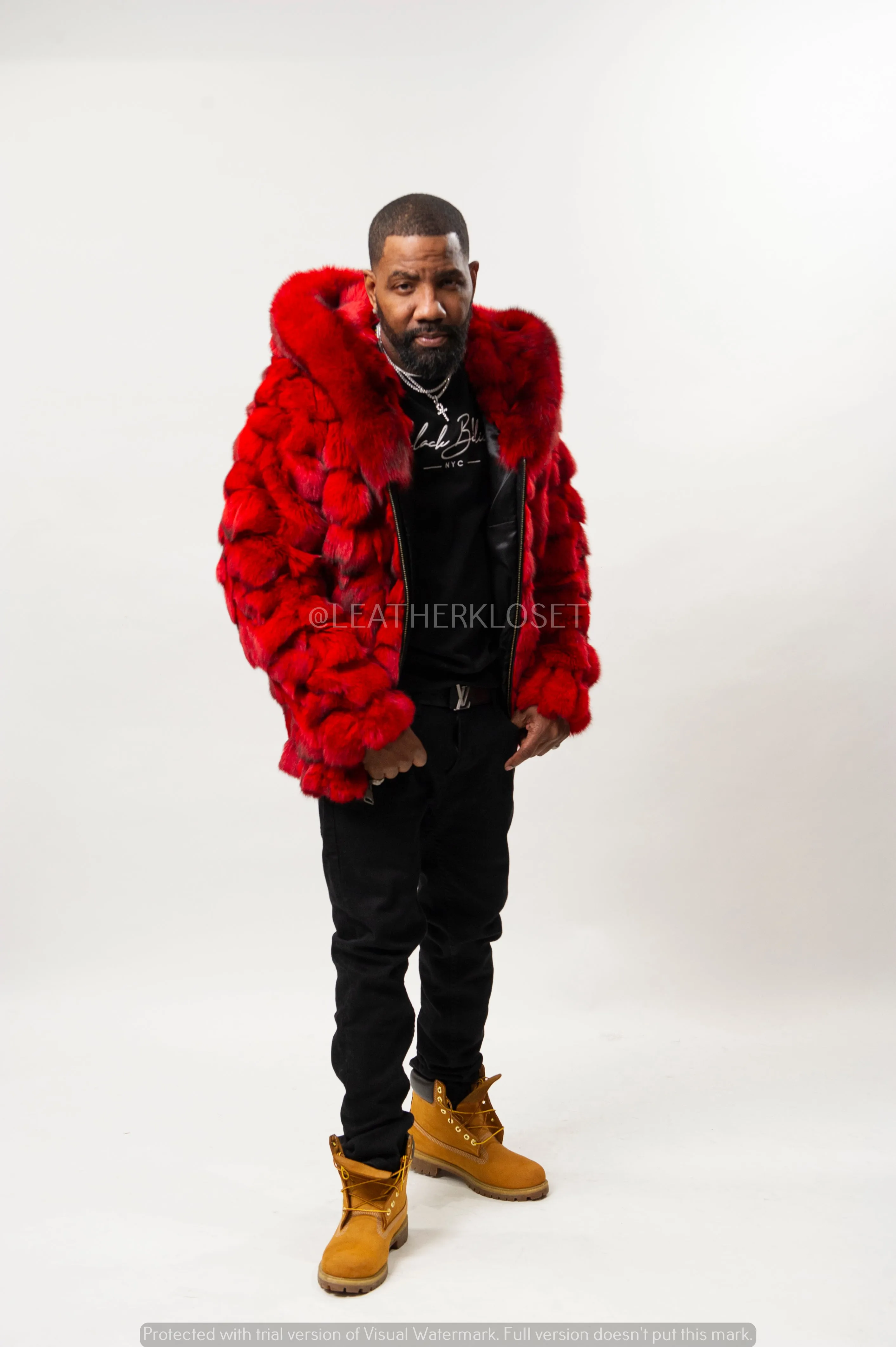 Men's Stealth Black Fox Bomber With Hood [Red]