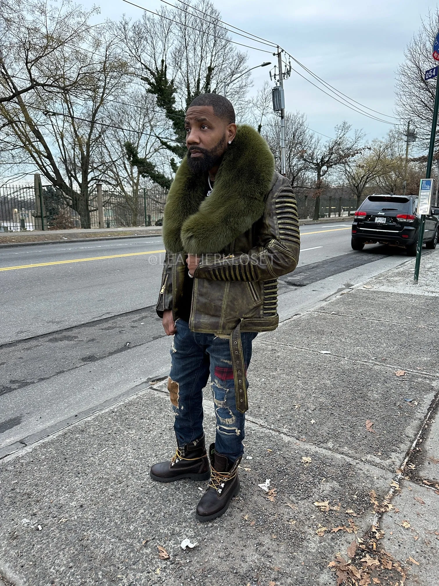 Men's Trey Biker Leather Full Fox Fur Collar [Distressed Green]