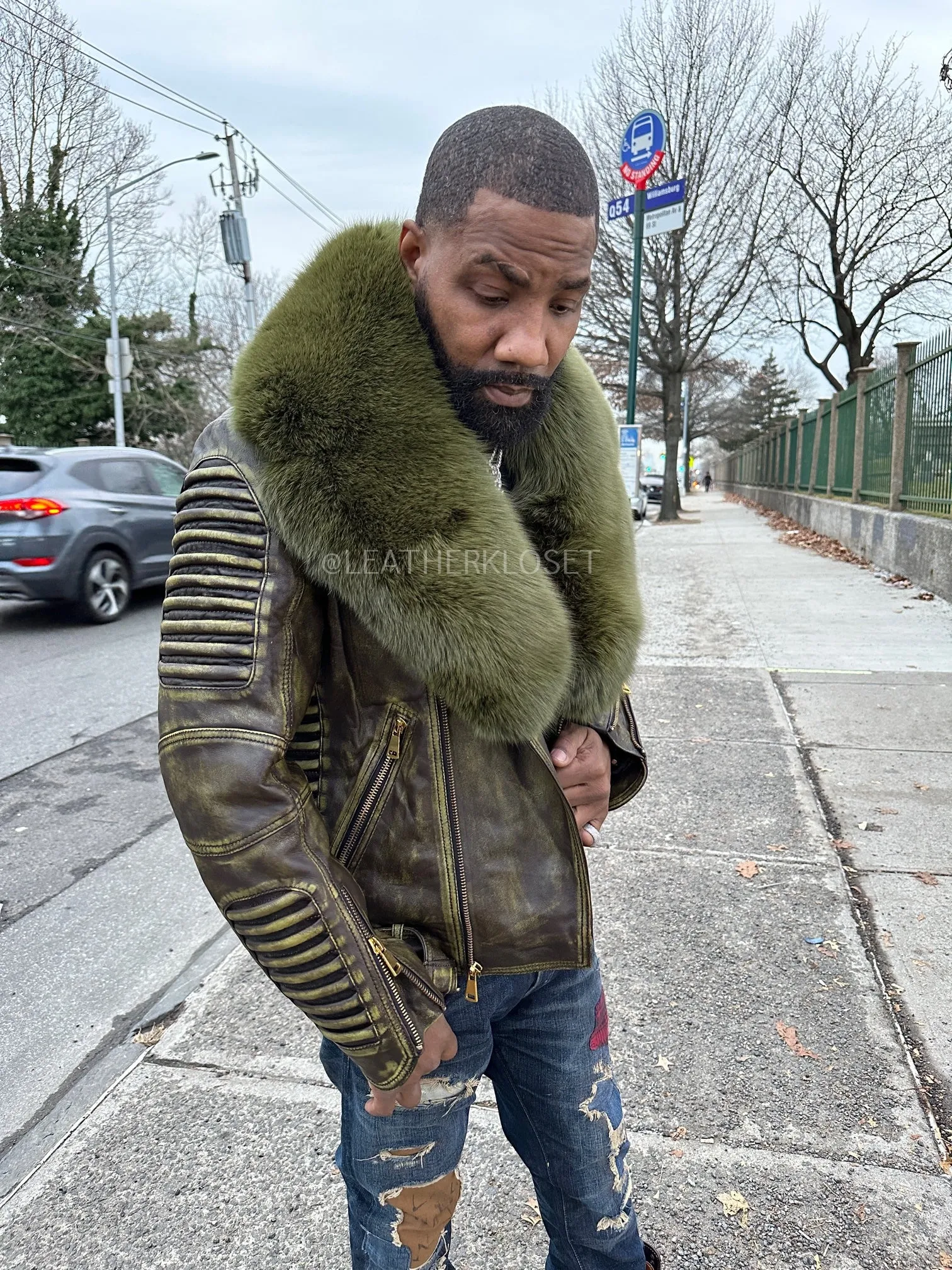 Men's Trey Biker Leather Full Fox Fur Collar [Distressed Green]