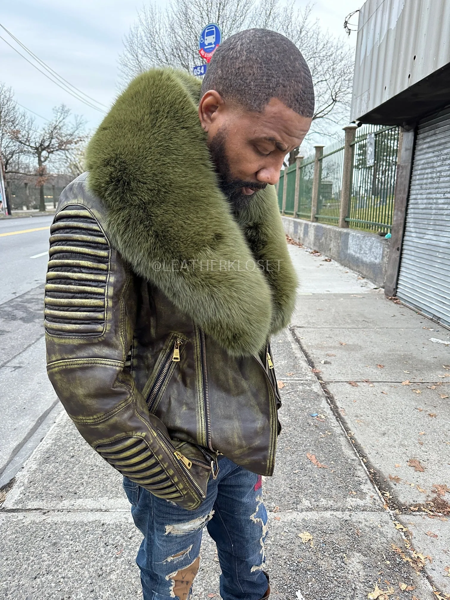 Men's Trey Biker Leather Full Fox Fur Collar [Distressed Green]