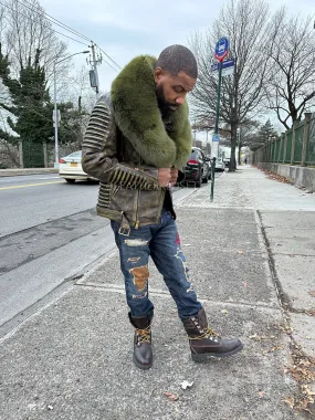 Men's Trey Biker Leather Full Fox Fur Collar [Distressed Green]