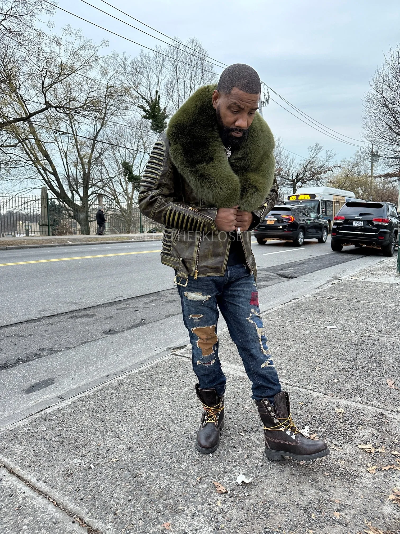 Men's Trey Biker Leather Full Fox Fur Collar [Distressed Green]