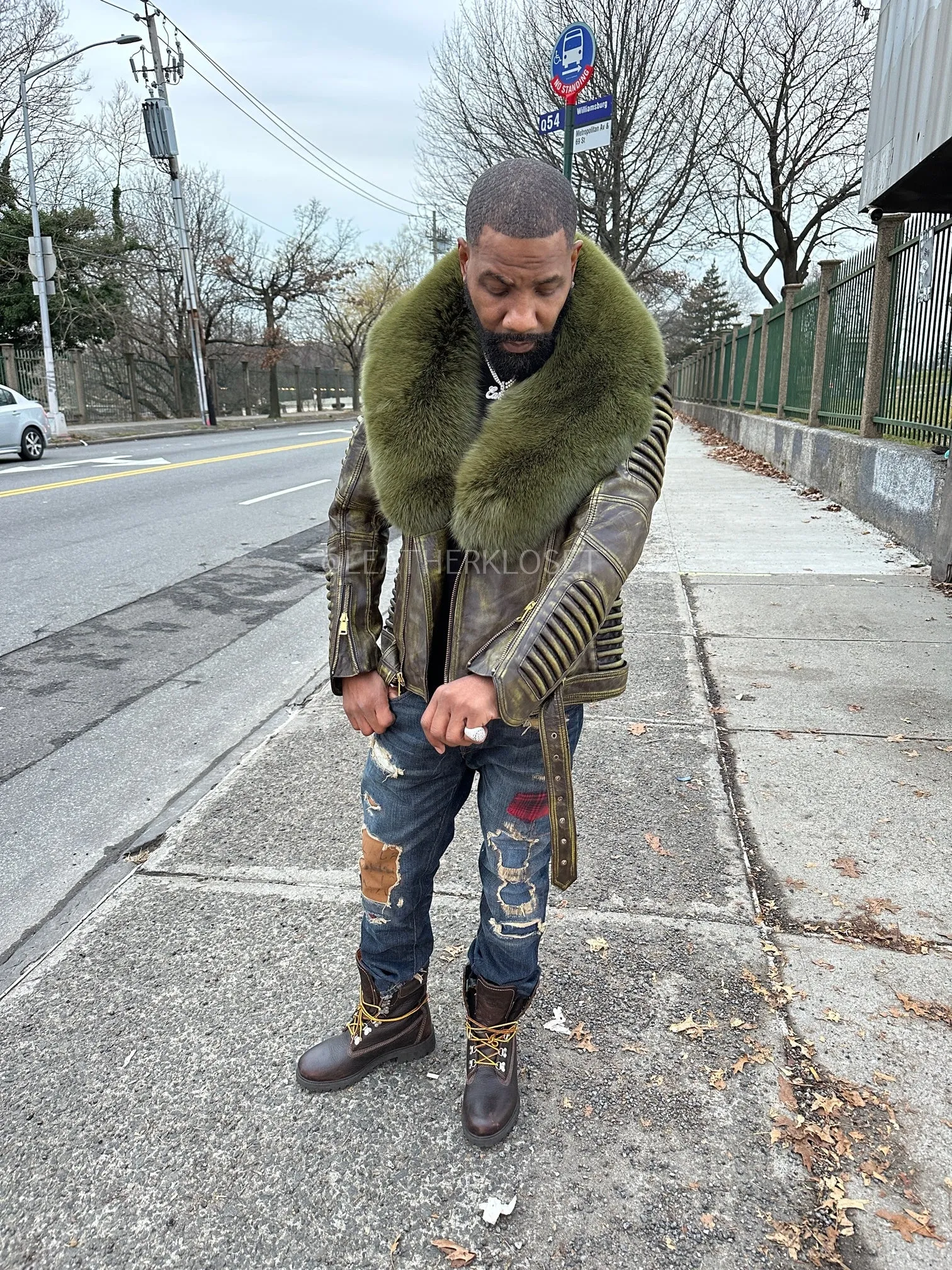 Men's Trey Biker Leather Full Fox Fur Collar [Distressed Green]