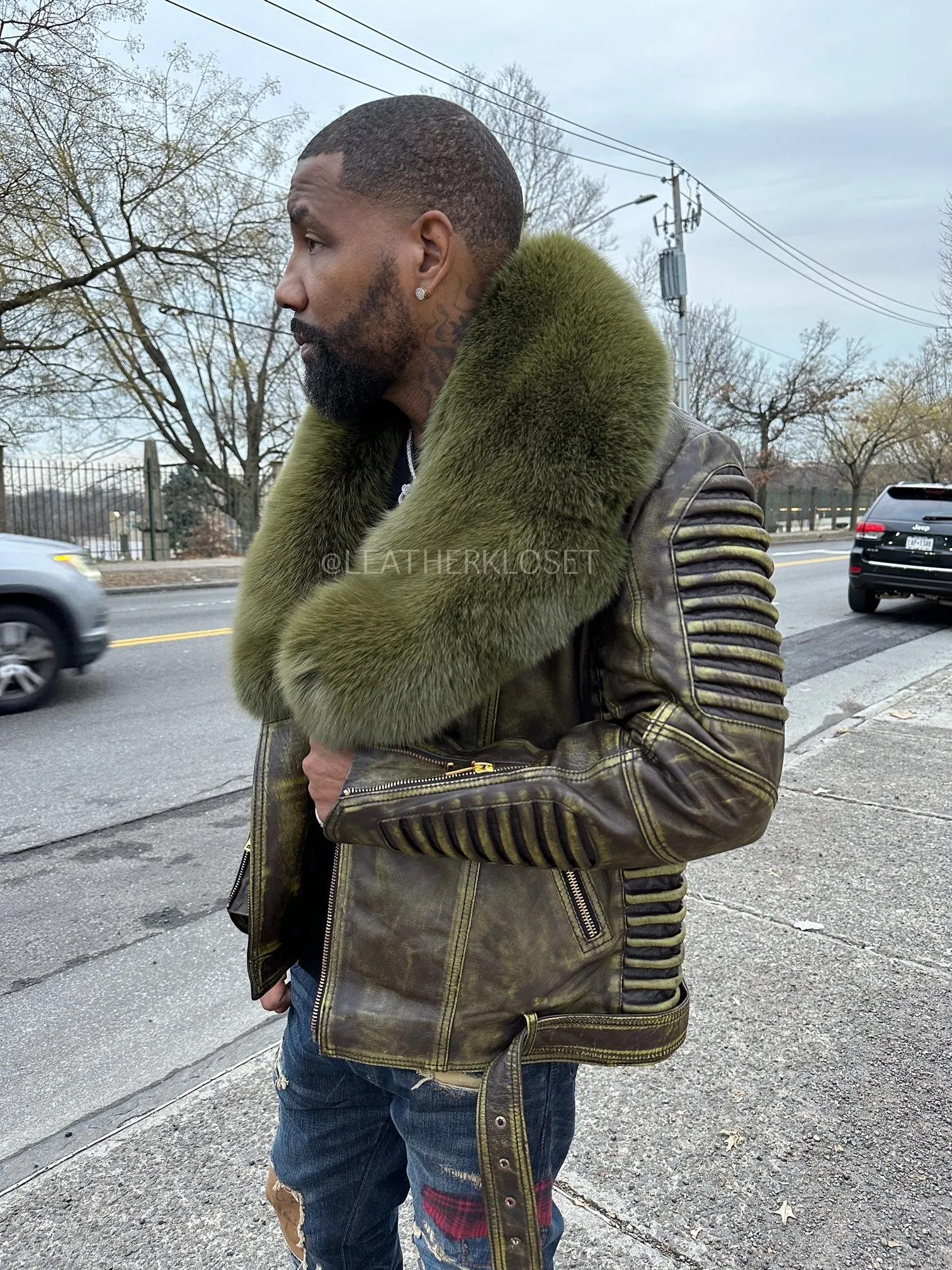 Men's Trey Biker Leather Full Fox Fur Collar [Distressed Green]