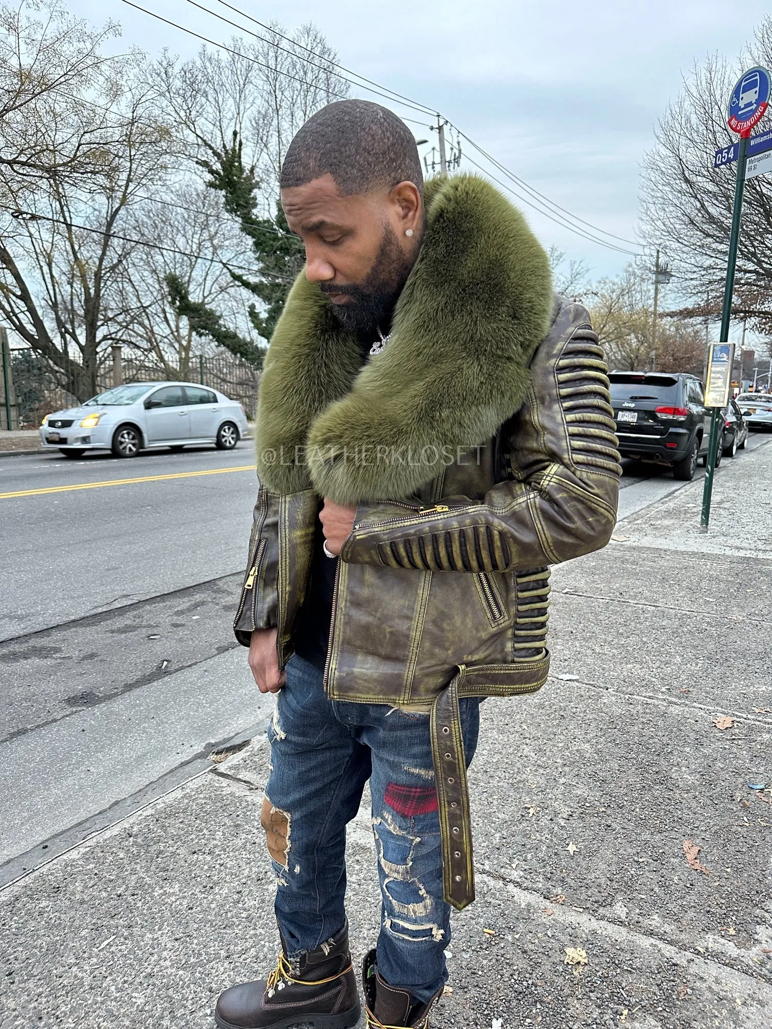Men's Trey Biker Leather Full Fox Fur Collar [Distressed Green]
