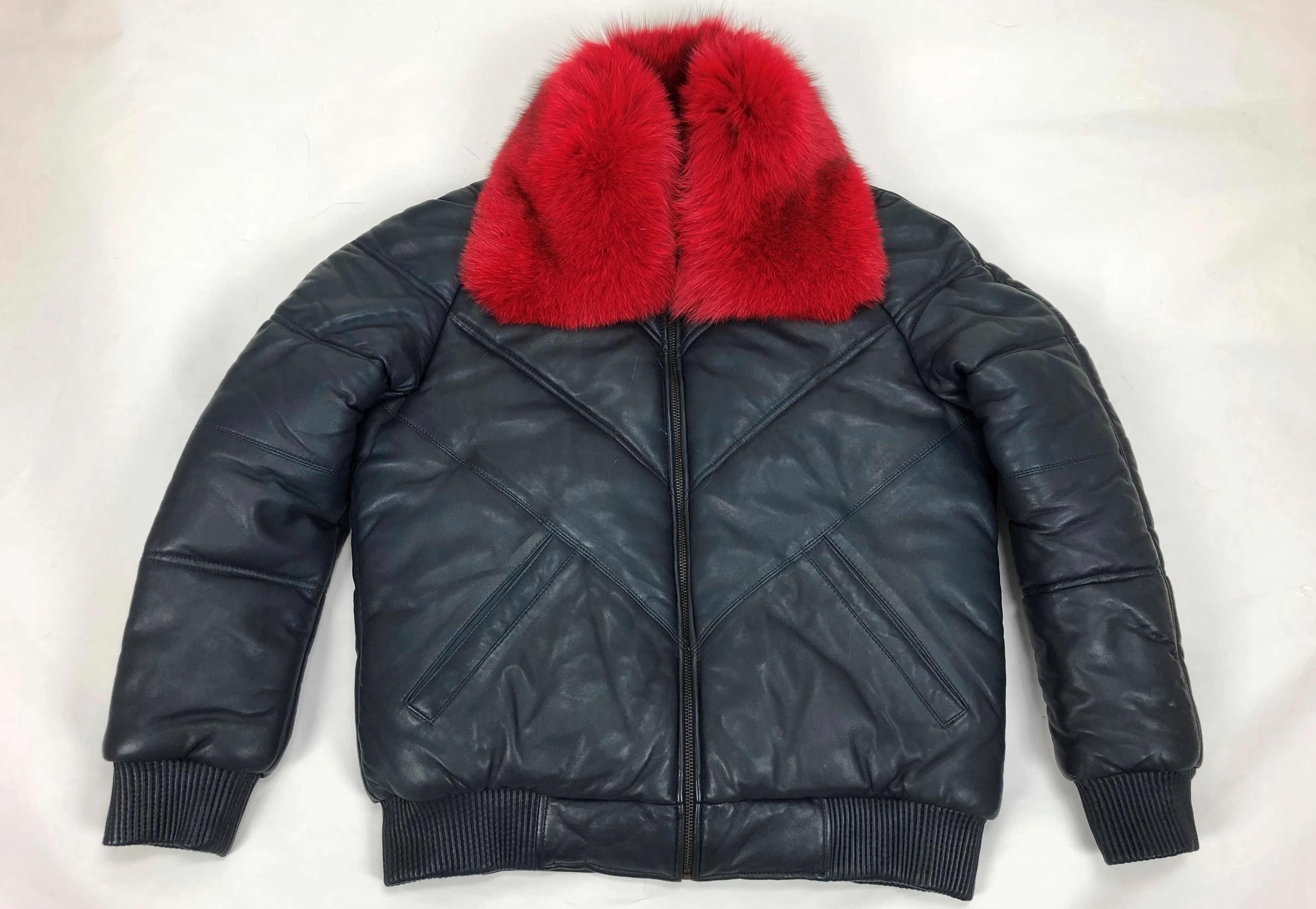 Men's V-Bomber Navy Premium Red Fox Collar