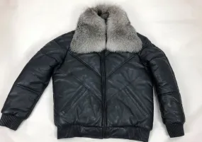 Men's V-Bomber Navy Premium Silver Fox Collar
