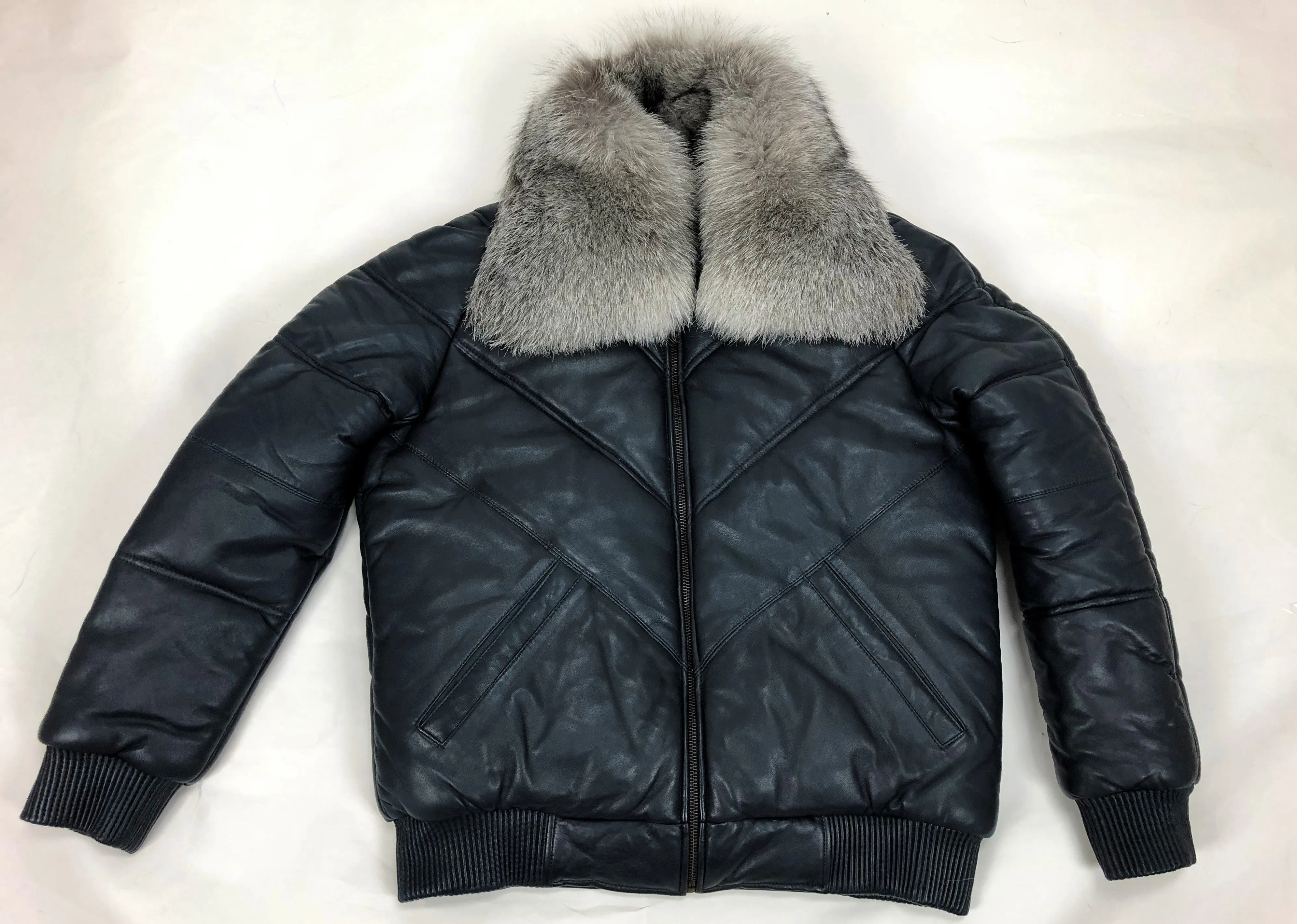 Men's V-Bomber Navy Premium Silver Fox Collar