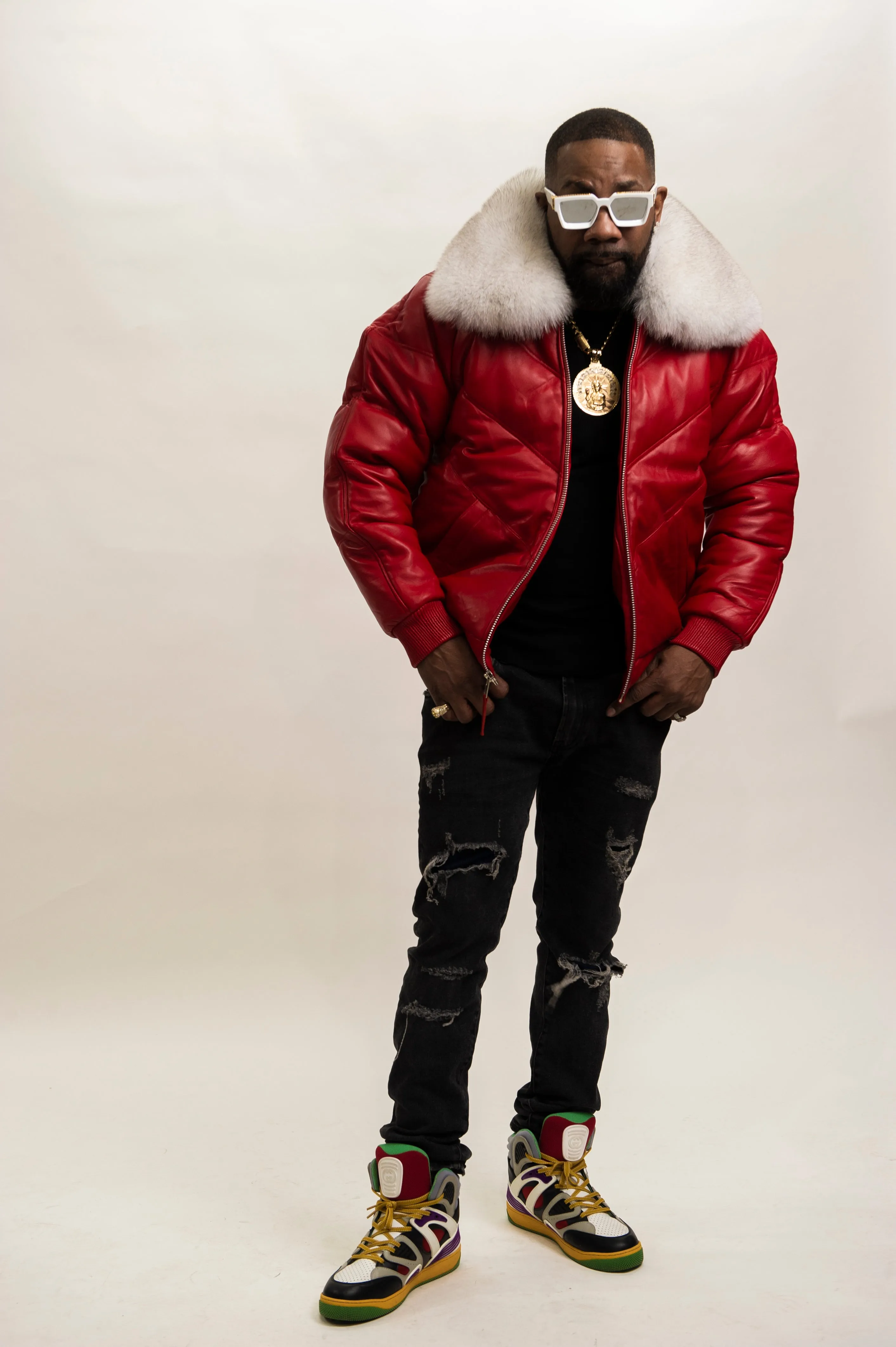 Red Premium Fox Collar Mens V-Bomber [Red/Natural White Fox]
