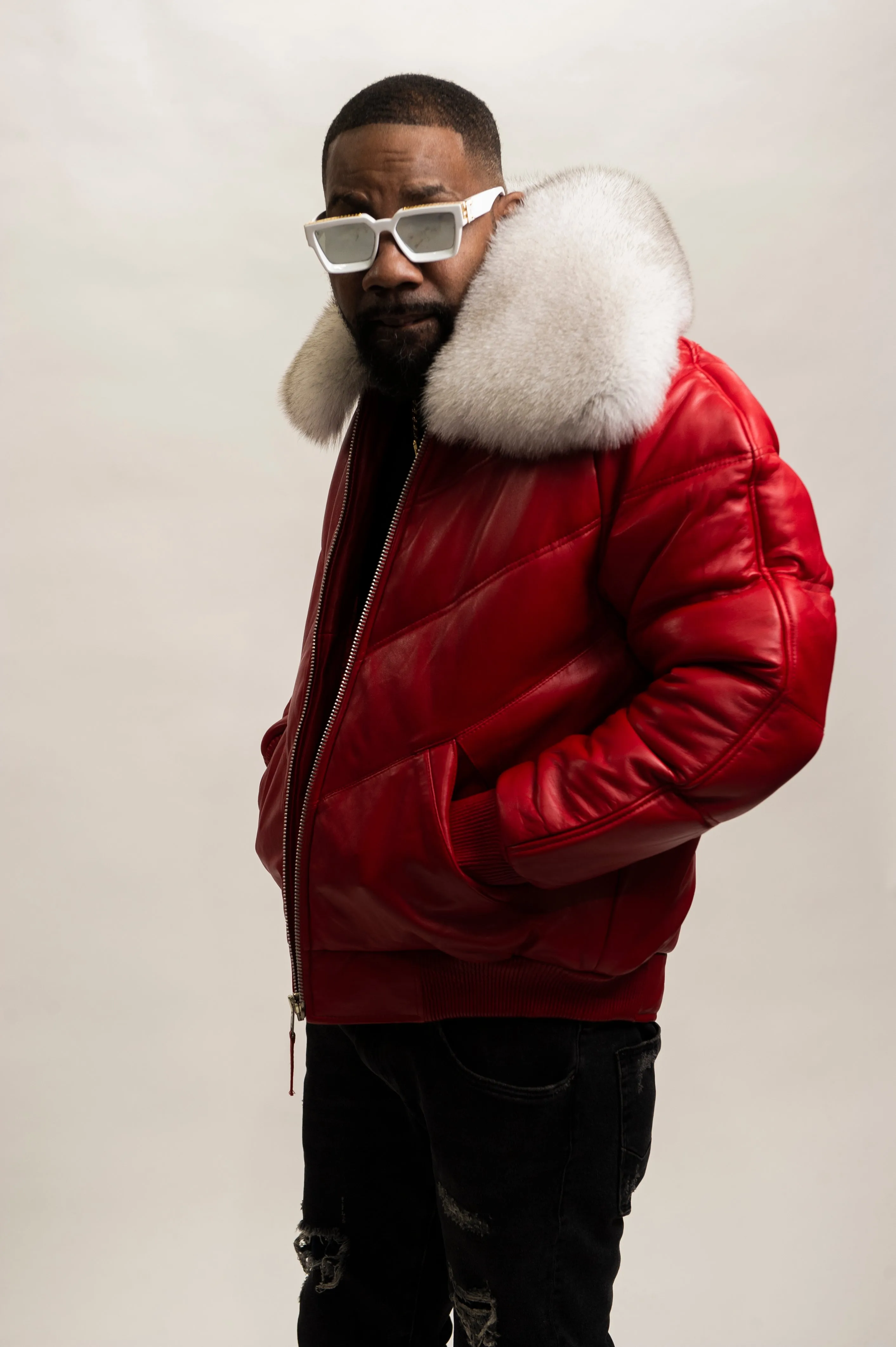 Red Premium Fox Collar Mens V-Bomber [Red/Natural White Fox]