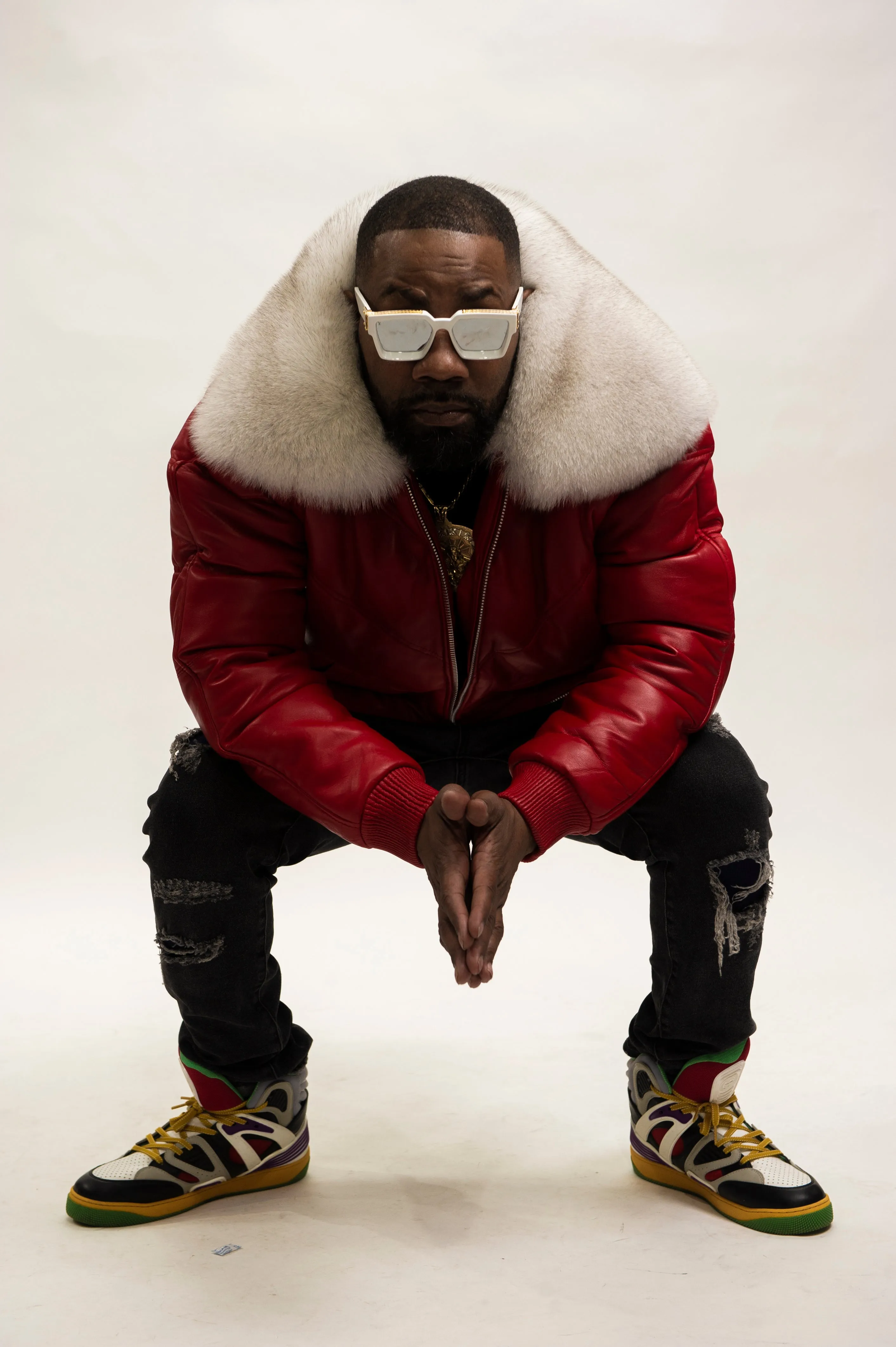 Red Premium Fox Collar Mens V-Bomber [Red/Natural White Fox]
