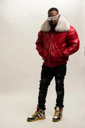 Red Premium Fox Collar Mens V-Bomber [Red/Natural White Fox]