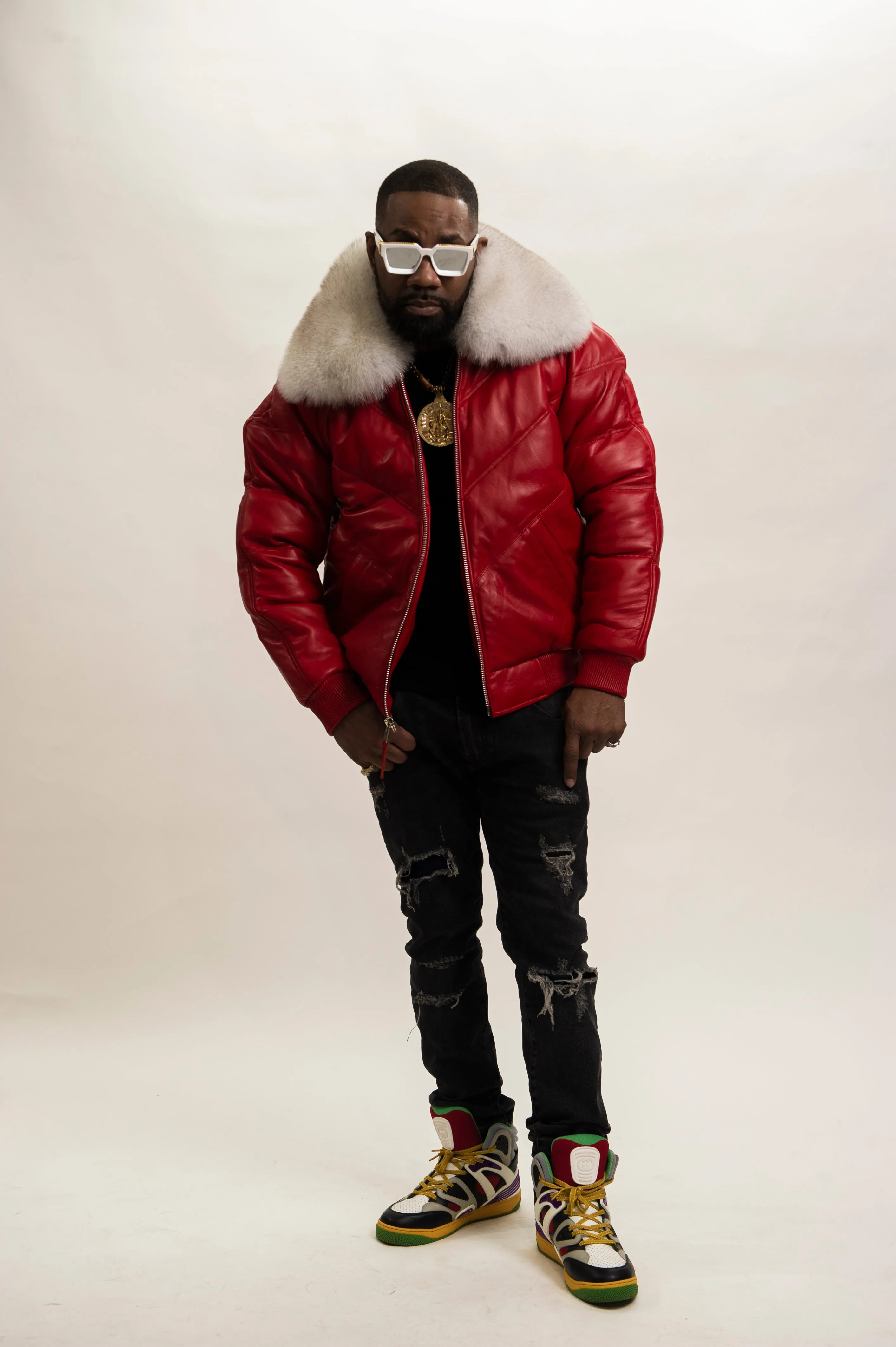 Red Premium Fox Collar Mens V-Bomber [Red/Natural White Fox]