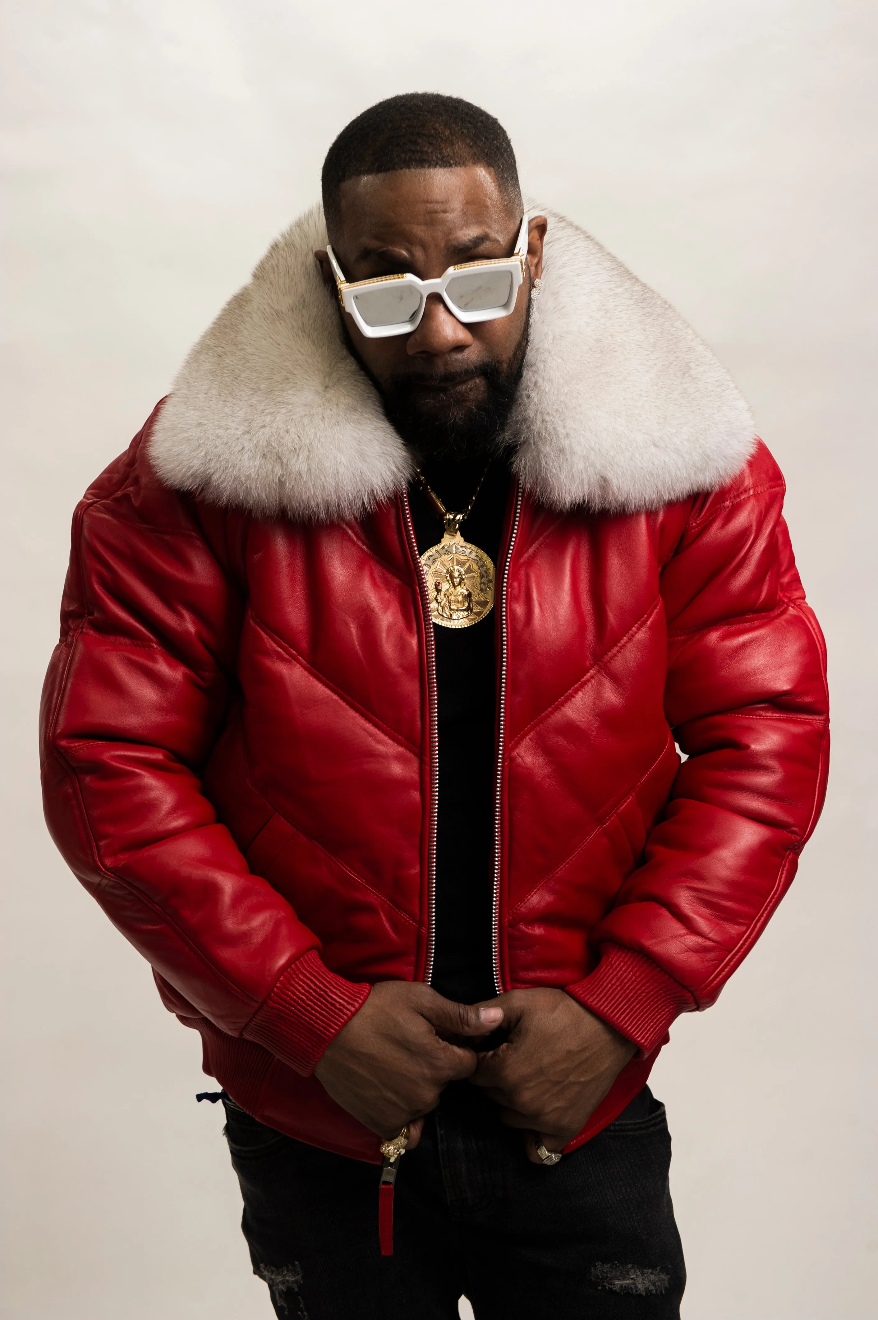 Red Premium Fox Collar Mens V-Bomber [Red/Natural White Fox]