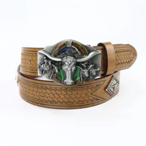 Men's Wild Texas Longhorn Bull Head Leather Belt