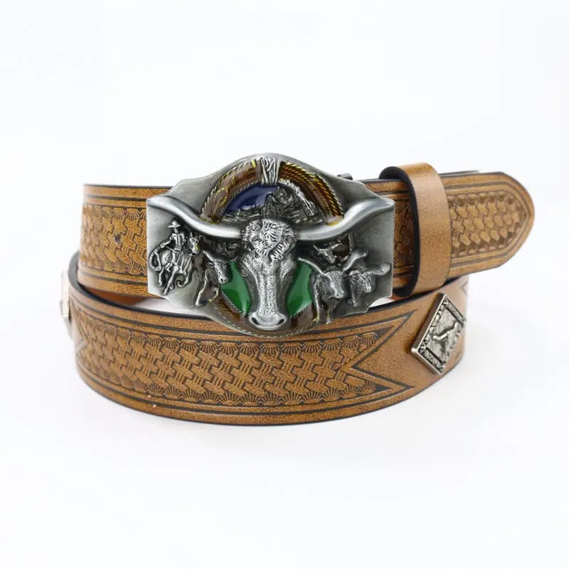 Men's Wild Texas Longhorn Bull Head Leather Belt