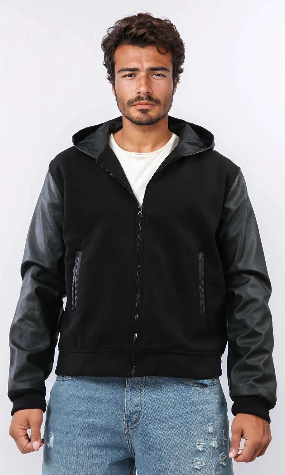 o199934 - Leather Sleeves Zipper Closure Baseball Jacket - Black