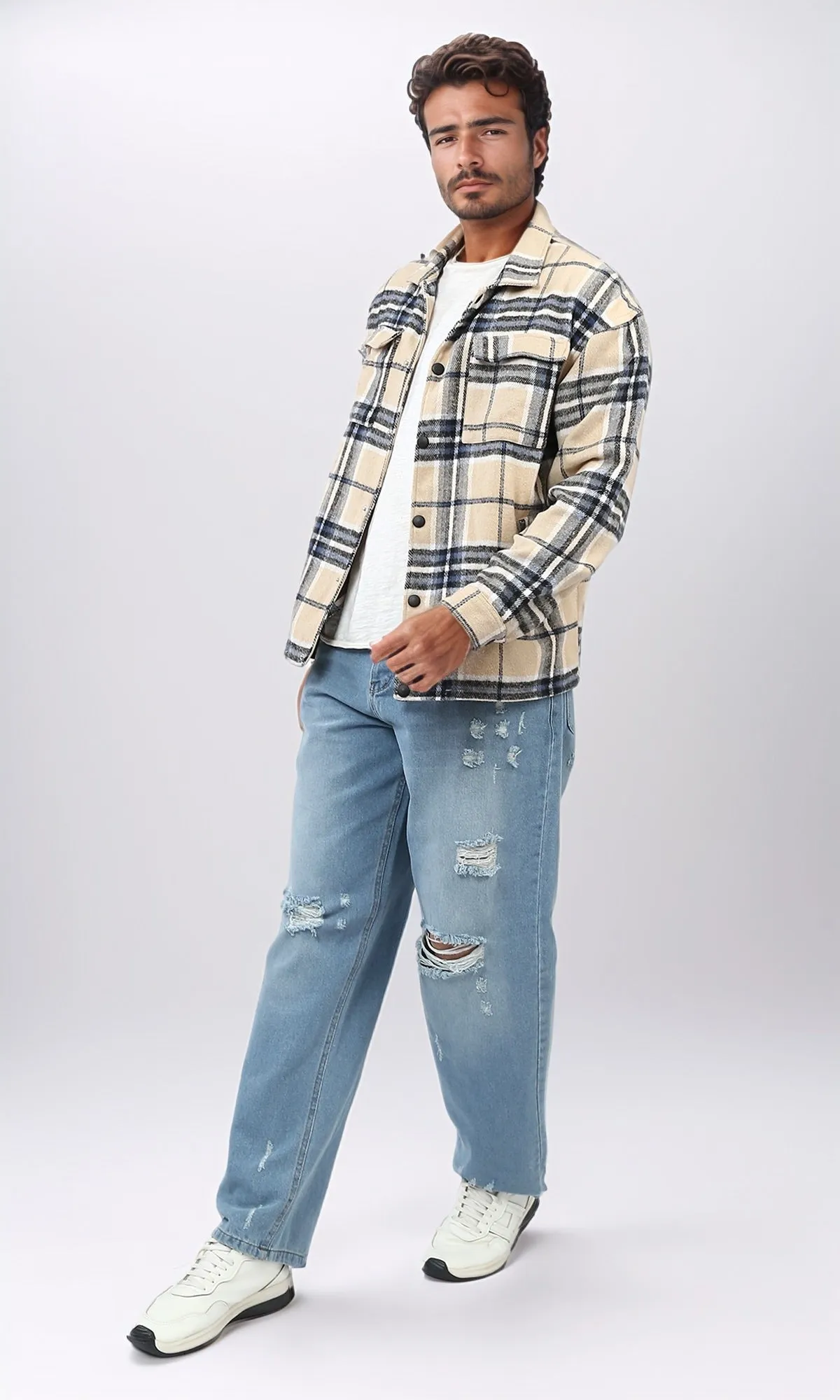 o200618 - Snap Buttoned Plaids Heavy Winter Shirt - Beige & Blue
