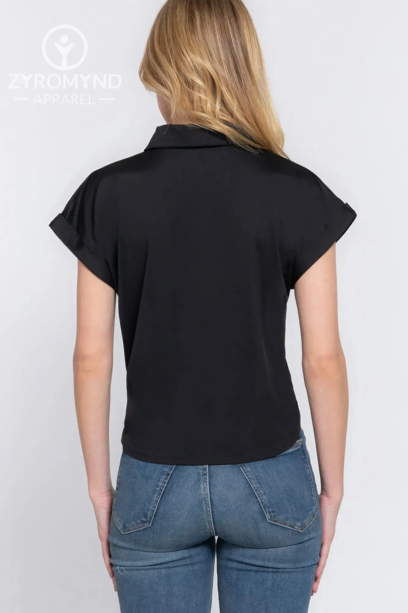Short Slv Front Tie Stretch Ity  Top