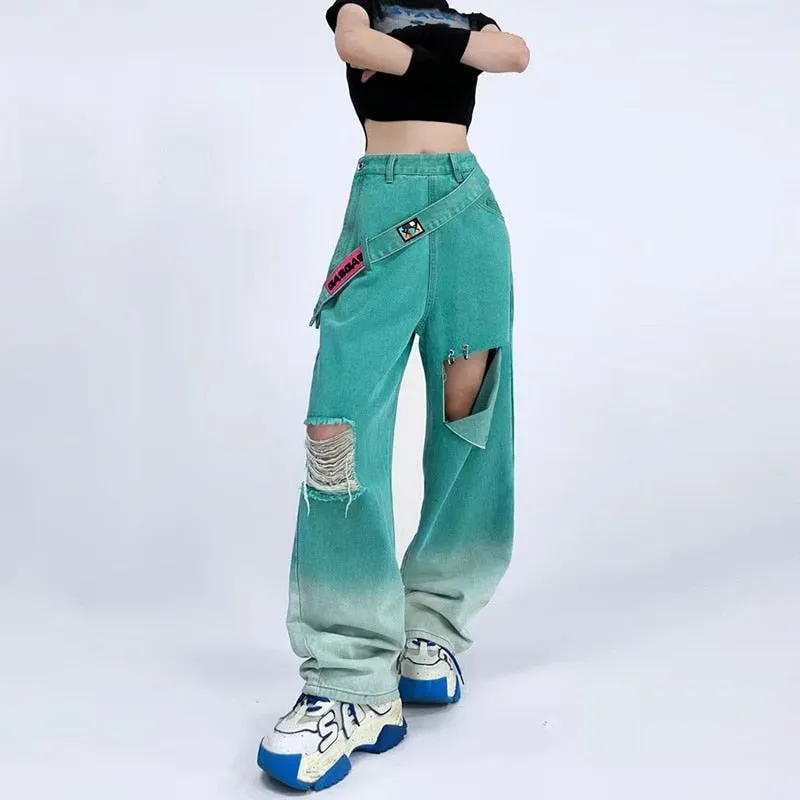 Vintage Gebrochene Y2K Baggy Jeans Frauen grün
