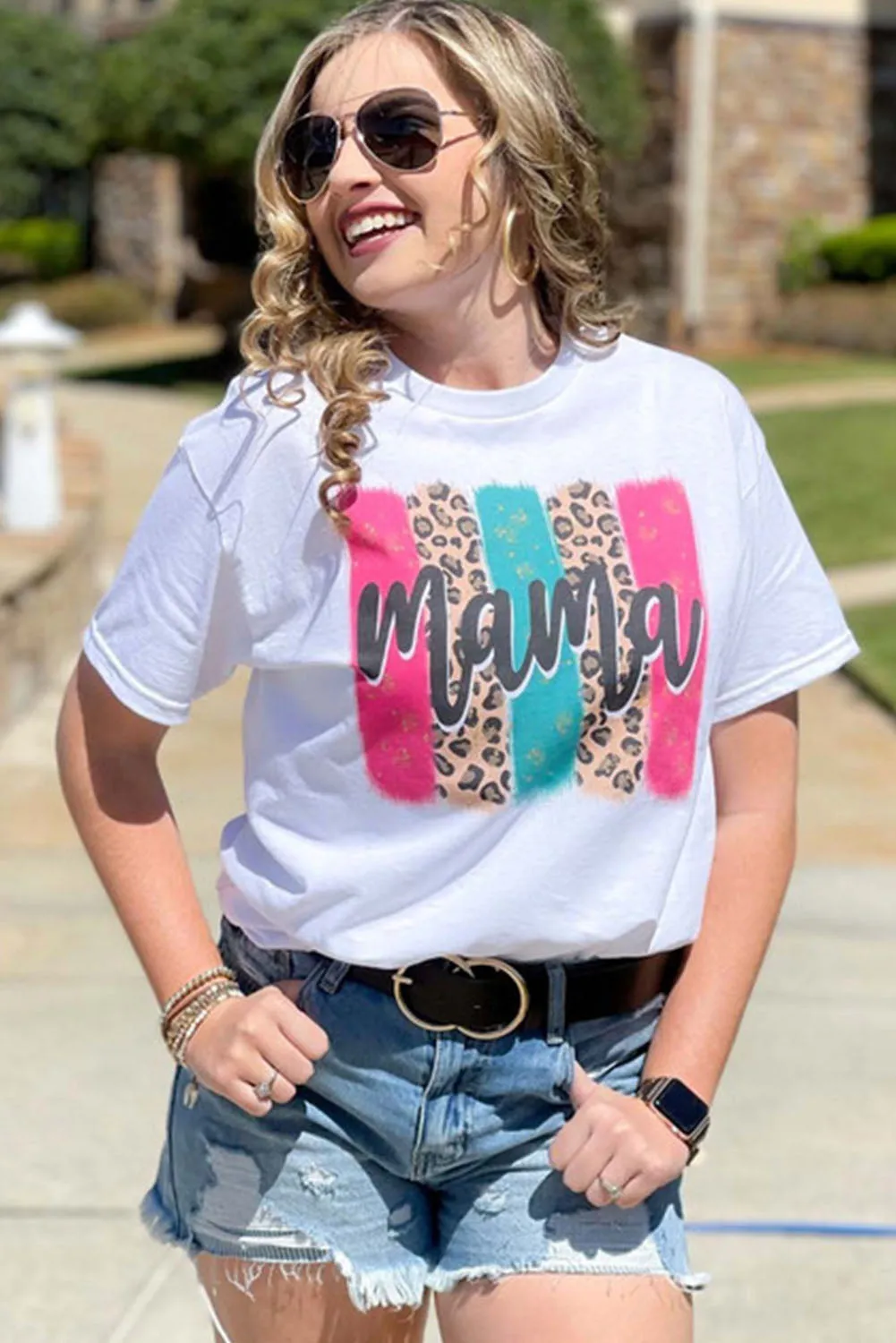 Women White Mama Leopard Brush Stroke Graphic T Shirt