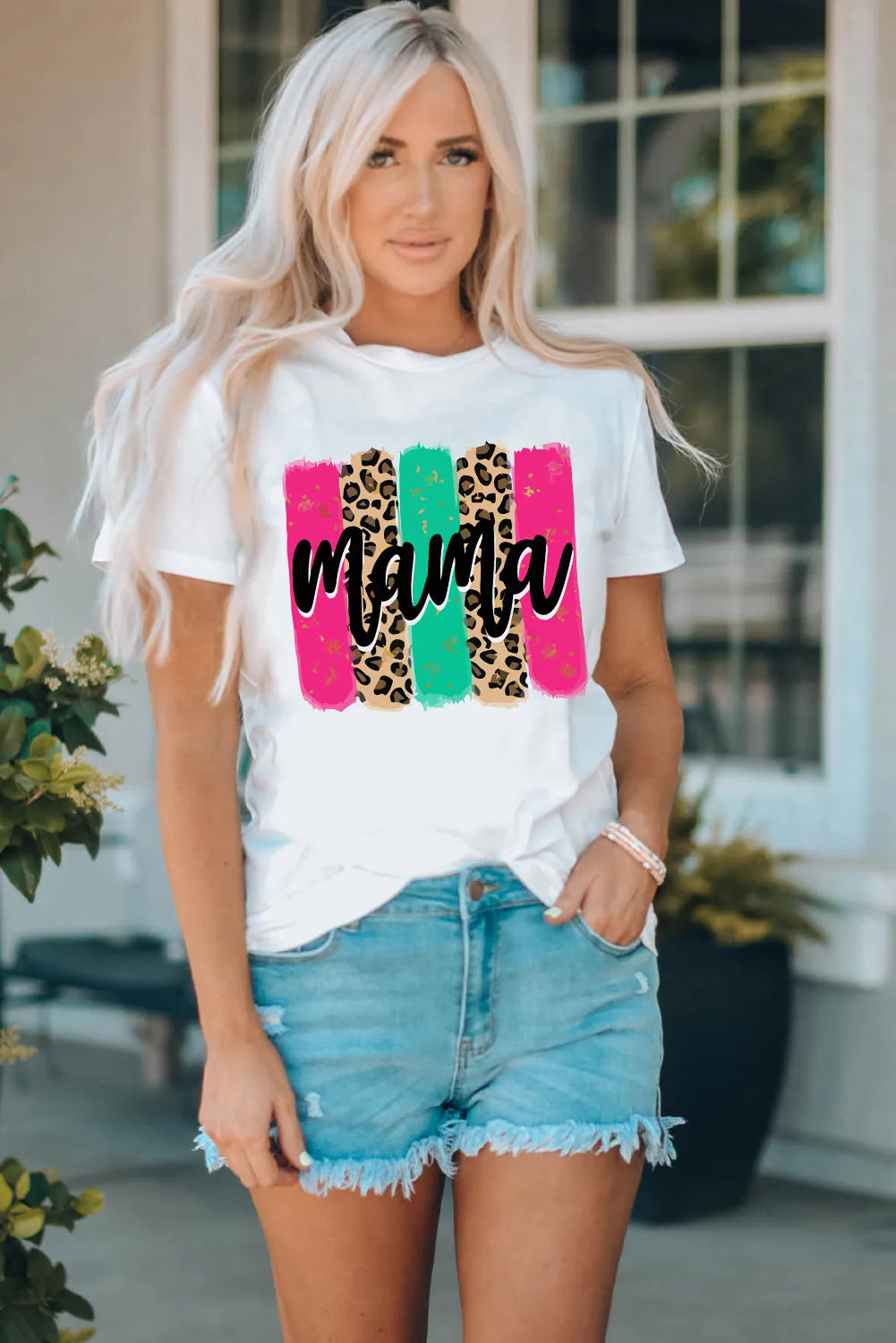 Women White Mama Leopard Brush Stroke Graphic T Shirt
