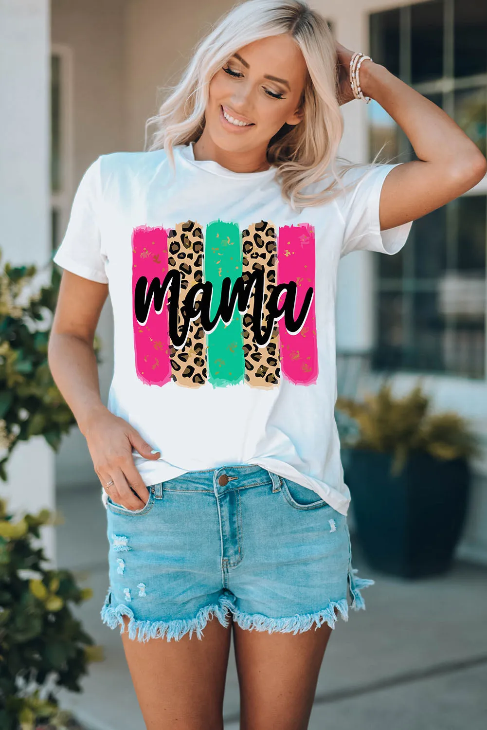 Women White Mama Leopard Brush Stroke Graphic T Shirt