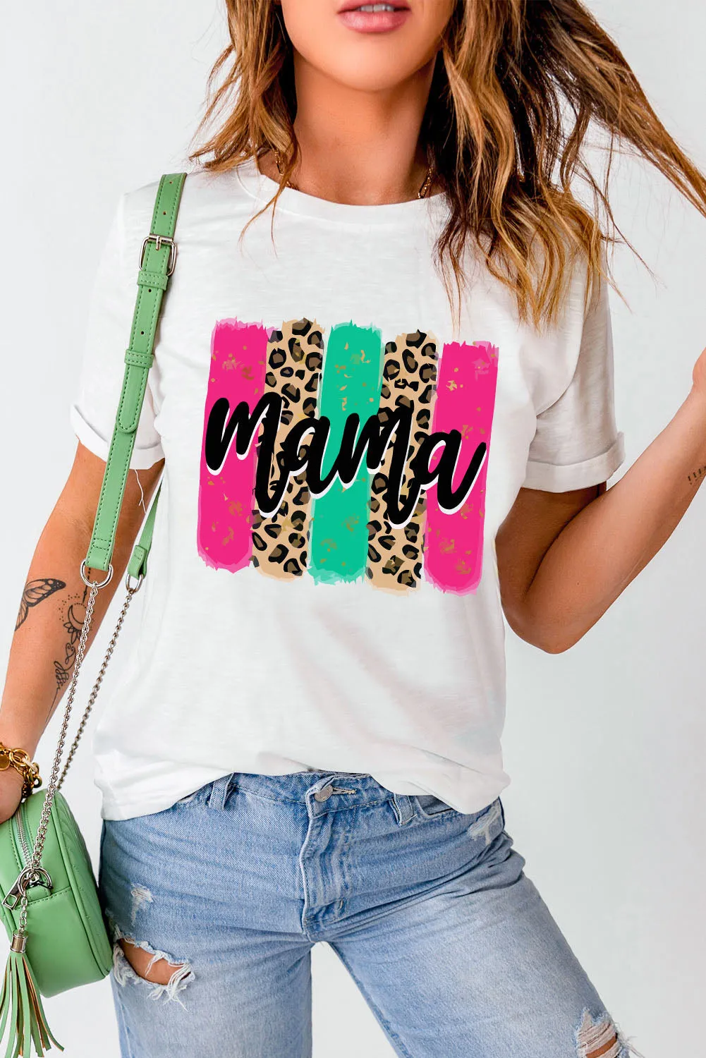 Women White Mama Leopard Brush Stroke Graphic T Shirt
