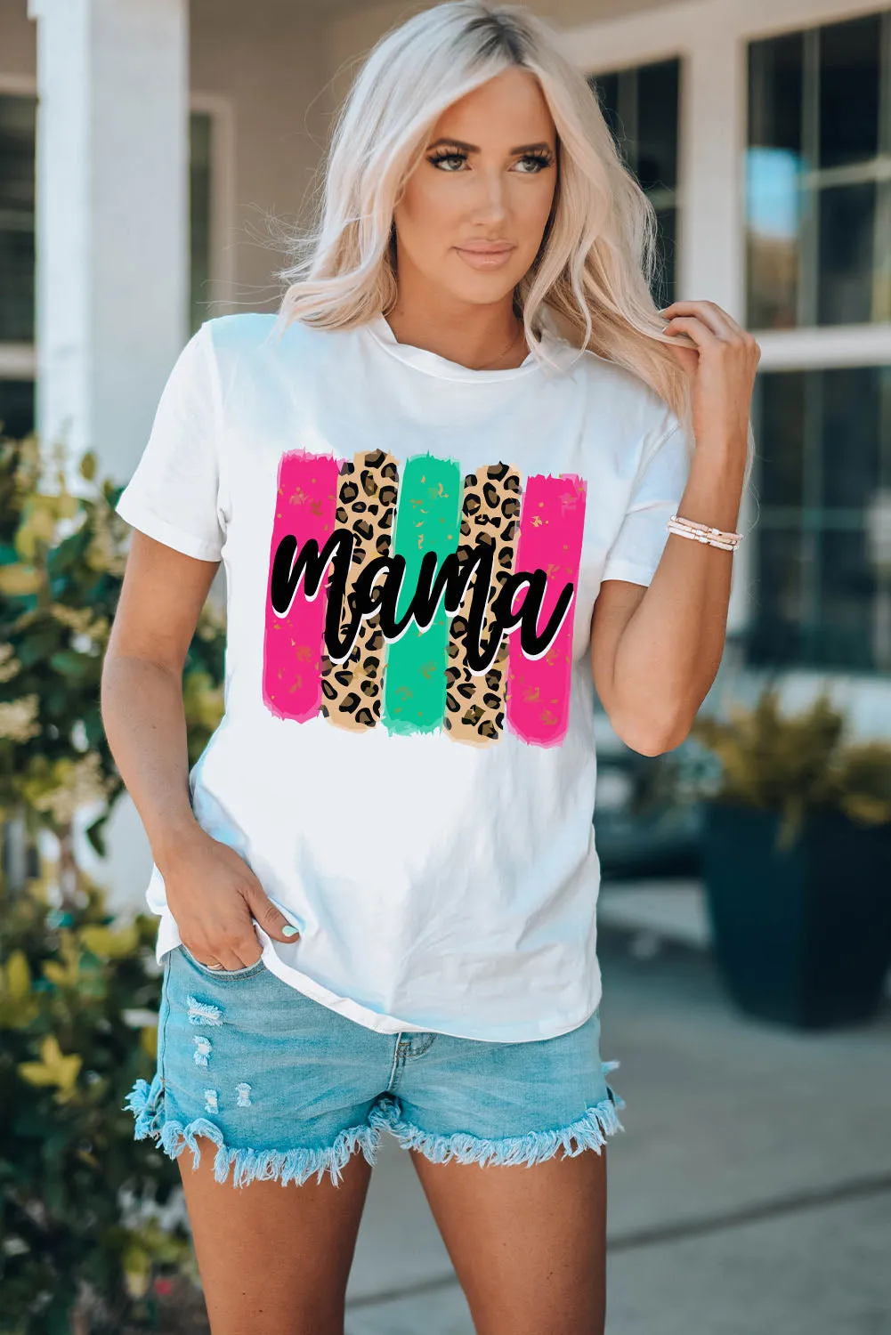 Women White Mama Leopard Brush Stroke Graphic T Shirt