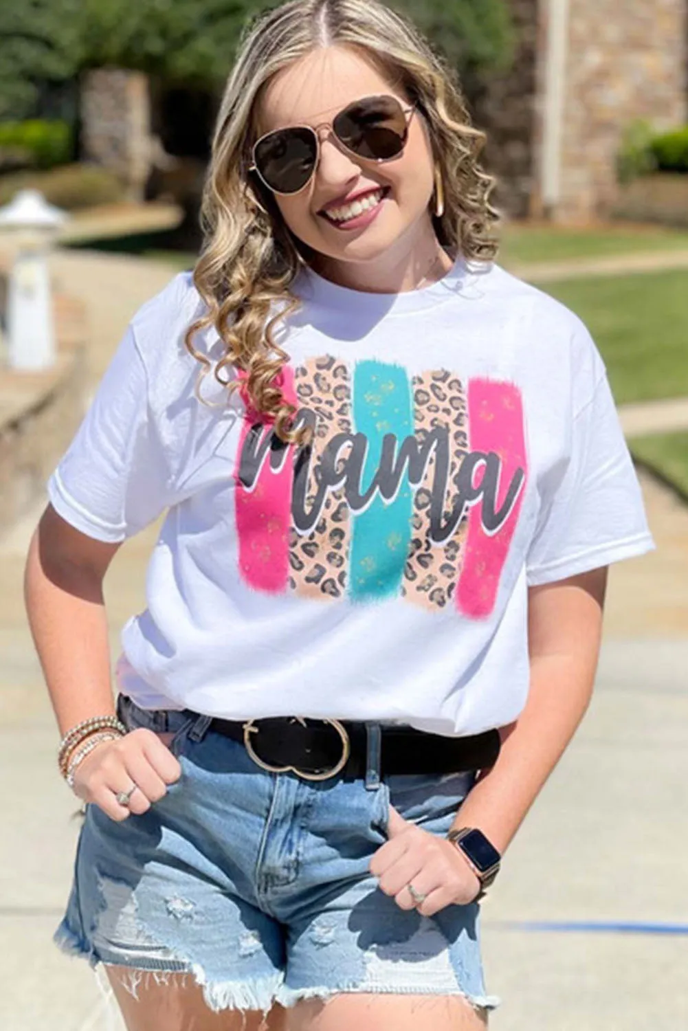Women White Mama Leopard Brush Stroke Graphic T Shirt