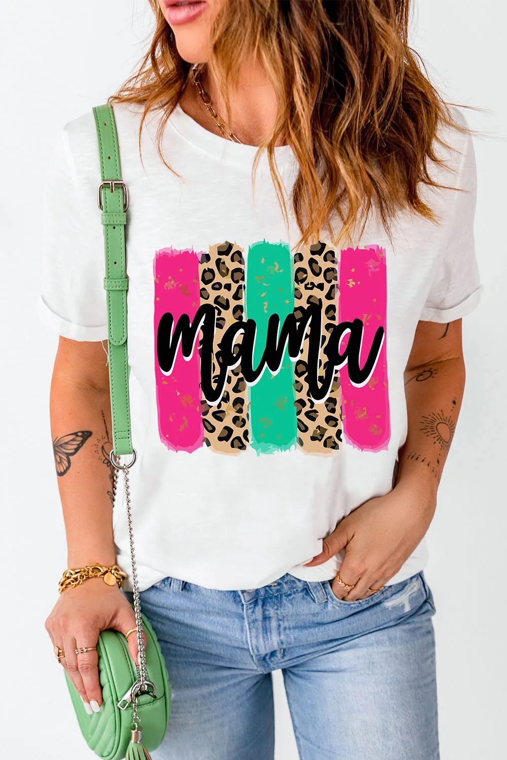 Women White Mama Leopard Brush Stroke Graphic T Shirt