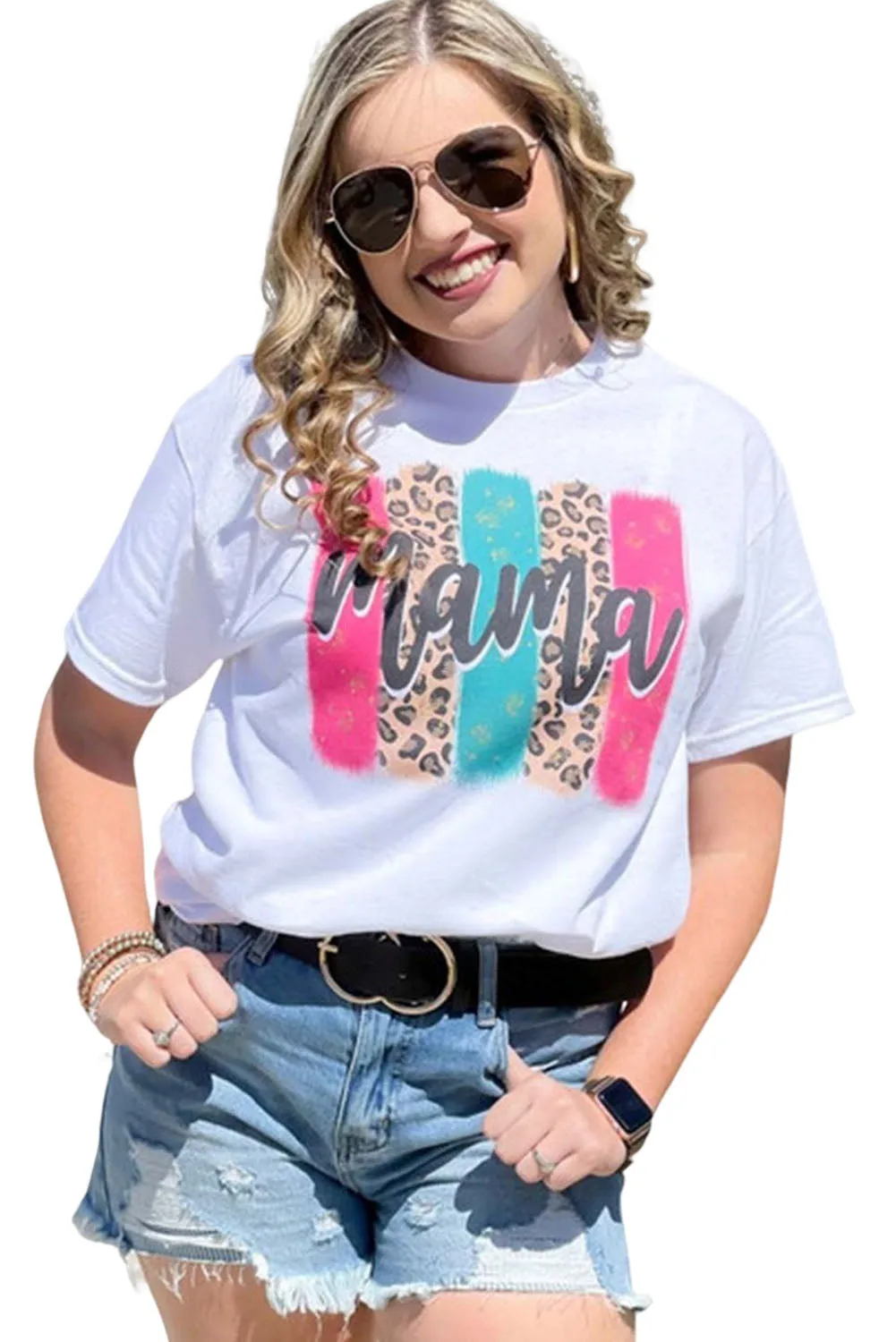 Women White Mama Leopard Brush Stroke Graphic T Shirt