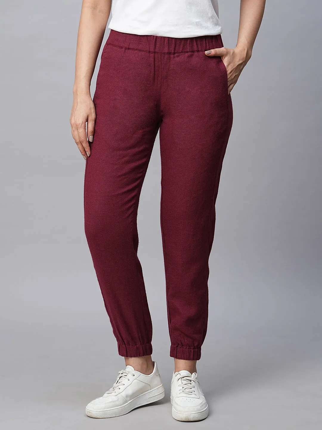 Women's Maroon/Red Linen Viscose Jogger Pant