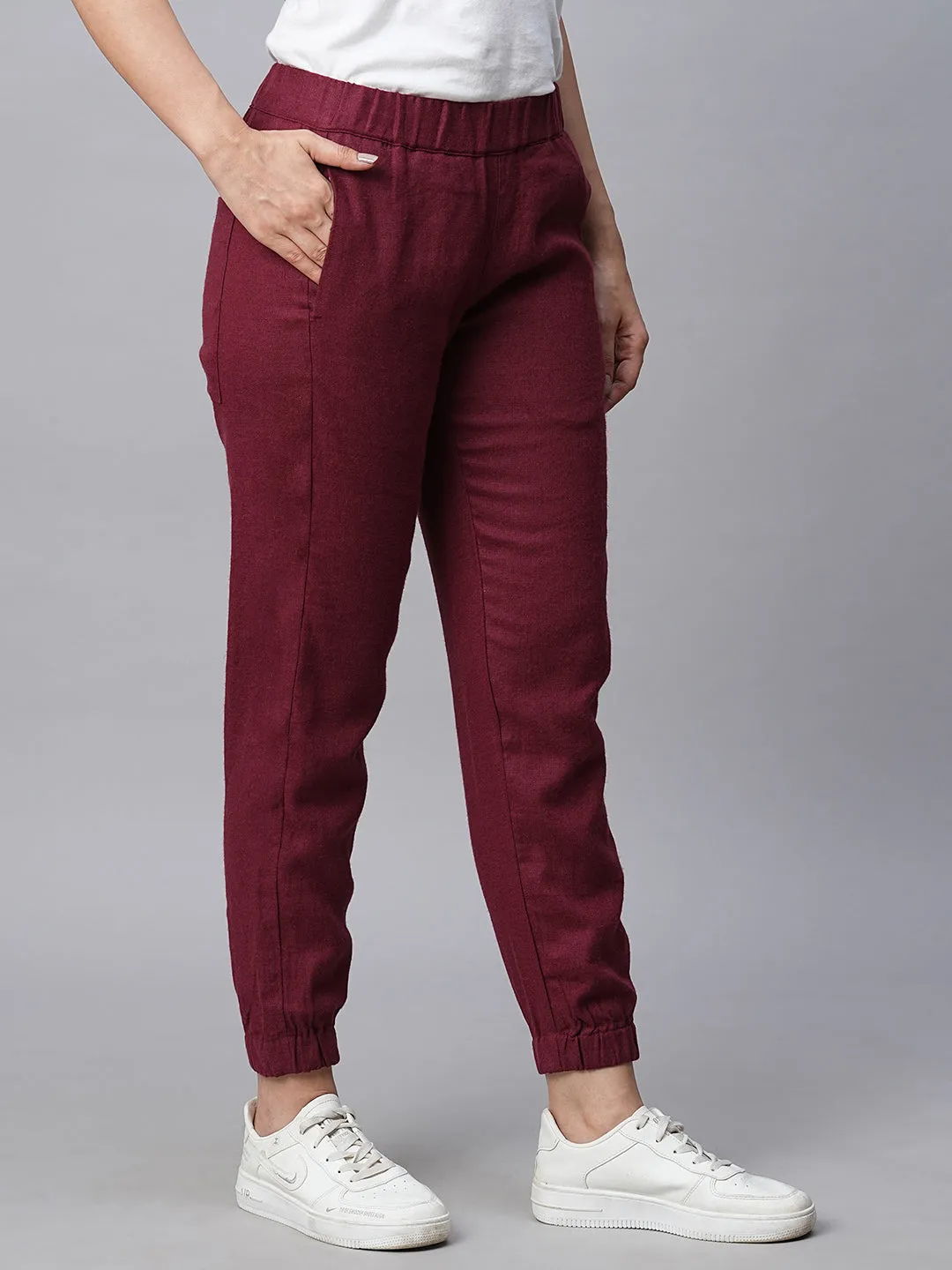 Women's Maroon/Red Linen Viscose Jogger Pant