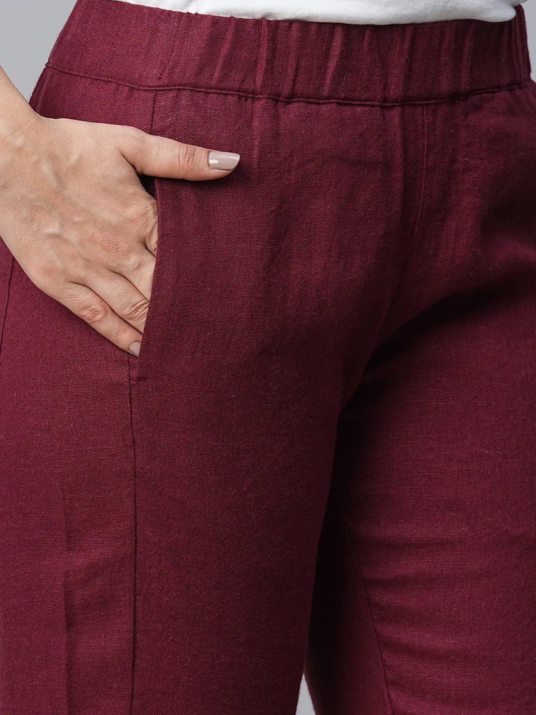 Women's Maroon/Red Linen Viscose Jogger Pant